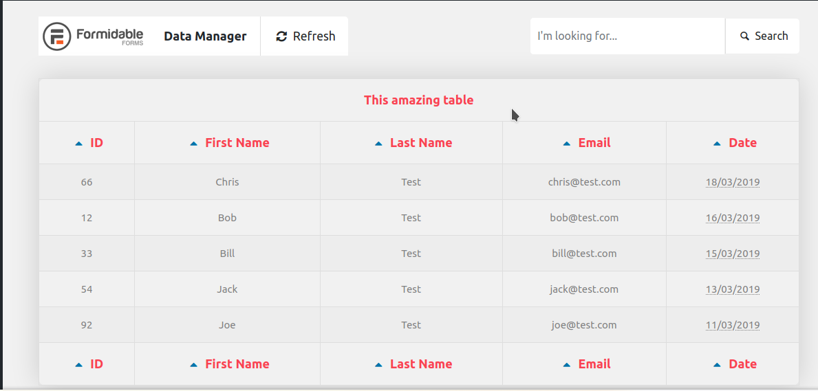 Administration page Back end options page, displaying the queried data