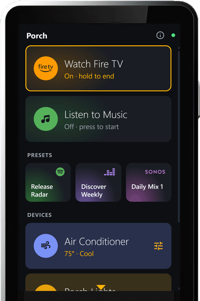 A page mixing brand-accented activities (Fire TV running, Spotify, Netflix), title-led presets, and an accented device tile