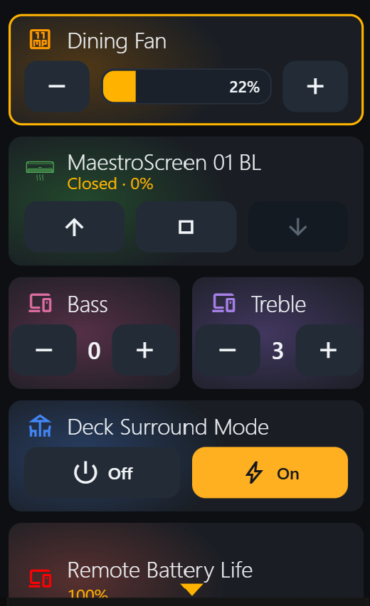 A page of the new controls: a switch pair, a hold-to-unlock lock, a number slider, dropdown chips, and a scene button