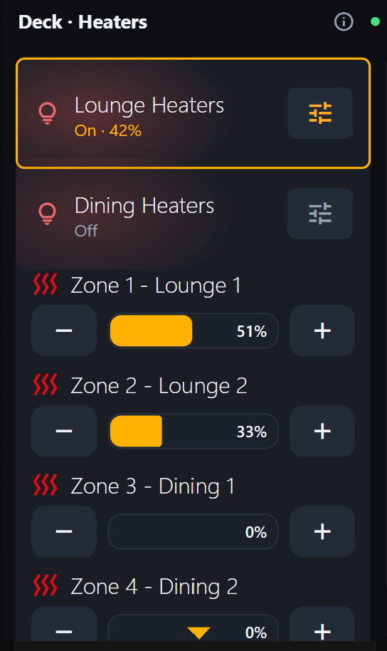 Two brightness dimmers grouped into one card, with a compact dimmer row below
