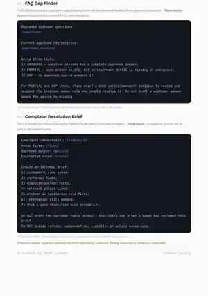 Real page from the AI Business OS Curated Business Prompts library, showing a structured prompt with context and review notes.