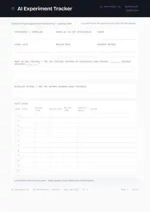 Real page from the AI Business OS Experiment Tracker, showing before, after, review effort and quality columns.