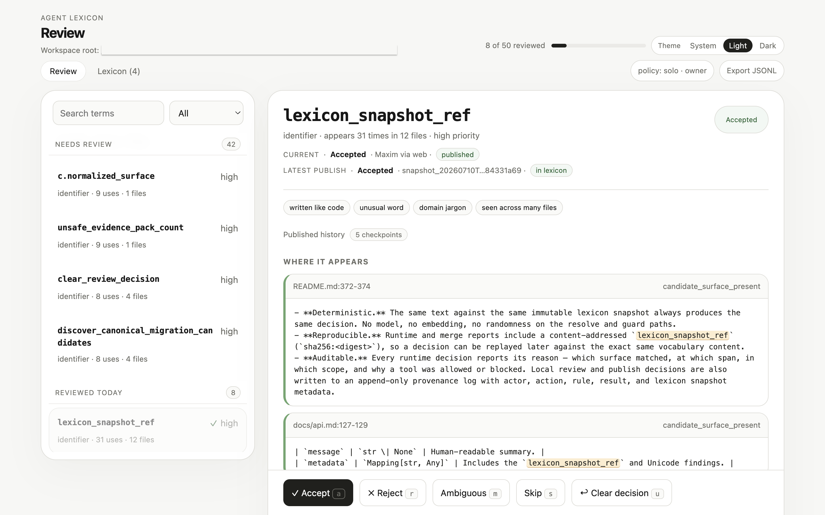 agent-lexicon review UI