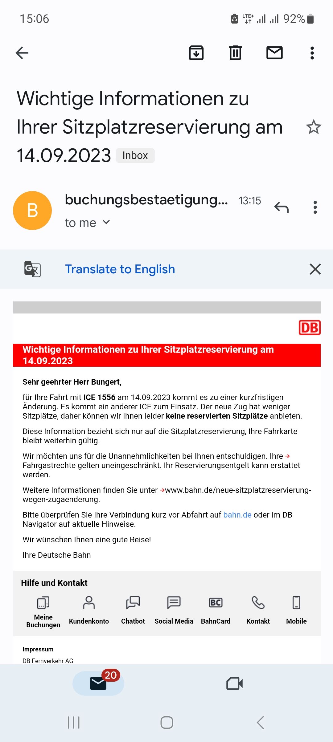 Email showing lack of reservations for my journey from Leipzig to Frankfurt Airport