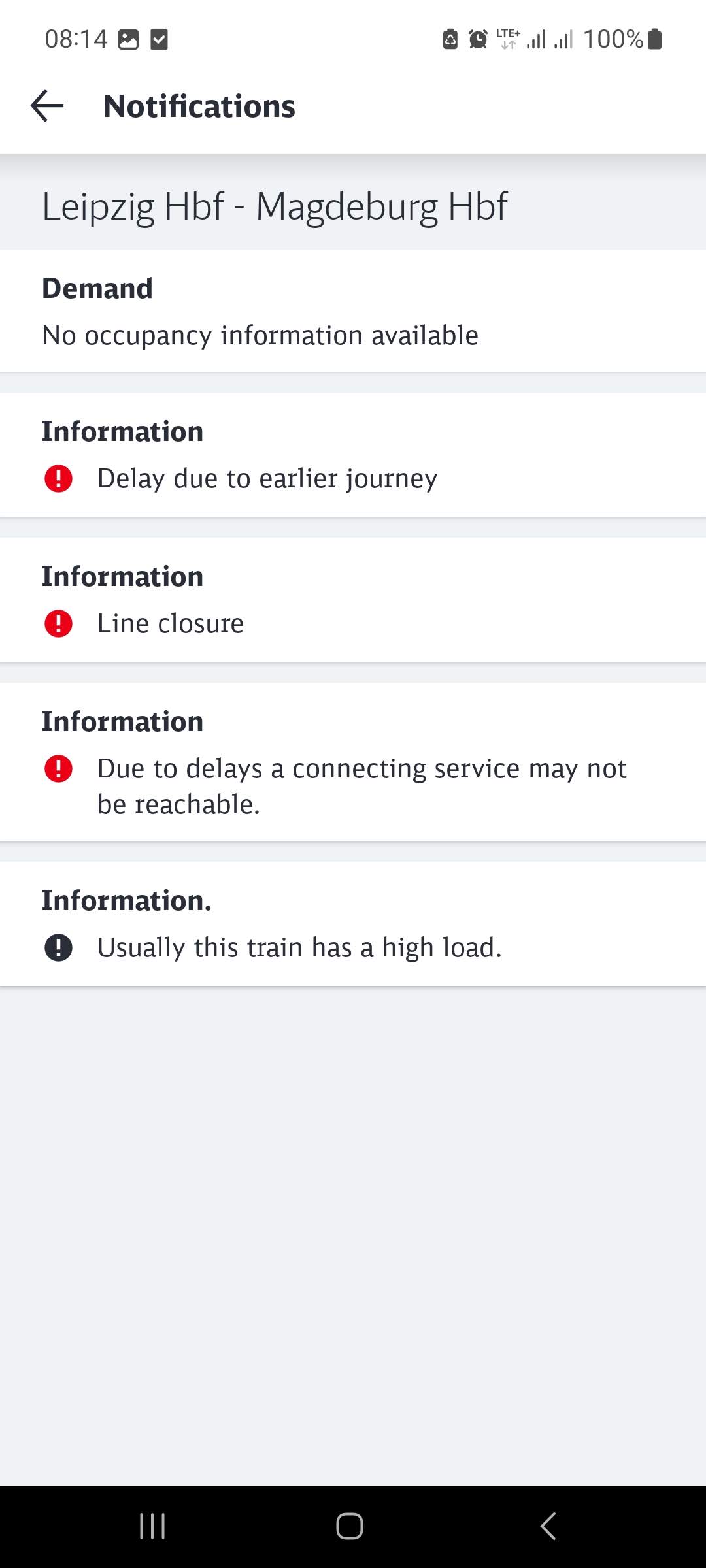 DB App showing issues with the train from Leipzig to Uchtspringer