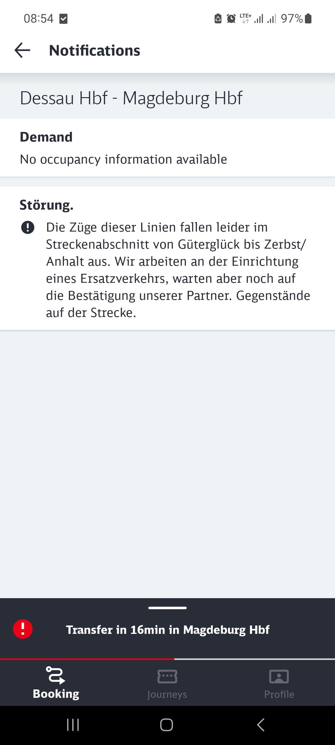 DB App showing issues with the train from Leipzig to Uchtspringer