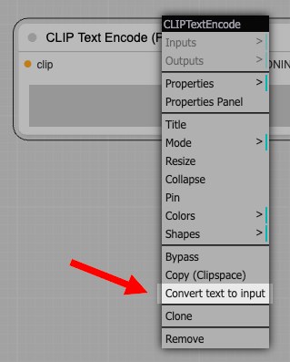Context Menu for a node with 'Convert text to input' selected