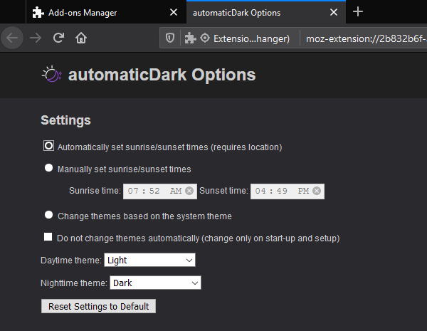 Dark-themed options page in version 1.3.0