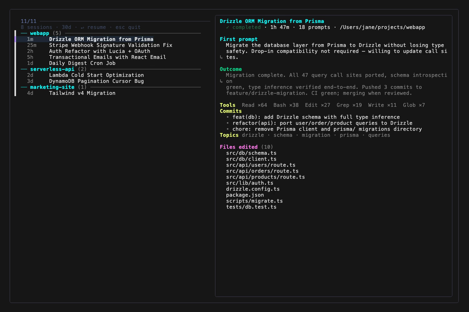 ai-recall preview pane — title, status, outcome, tools, commits, topics, files edited