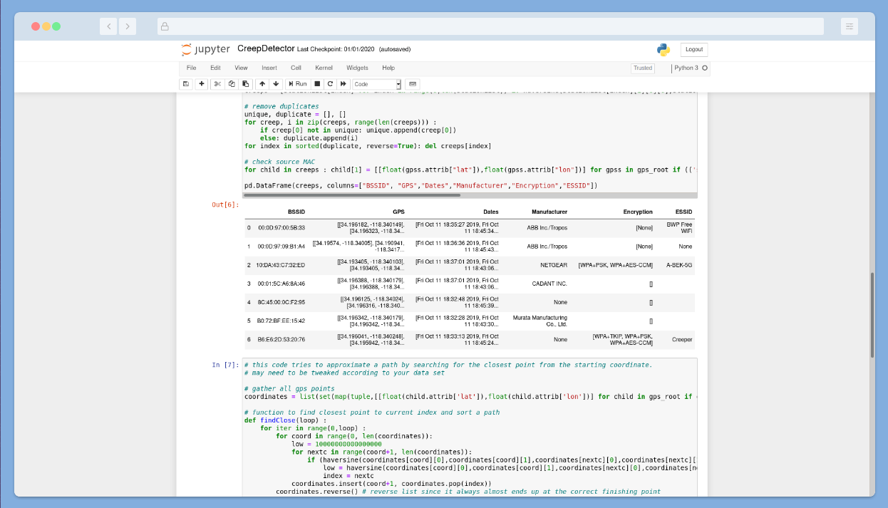 CreepDetector list in Jupyter Notebook table