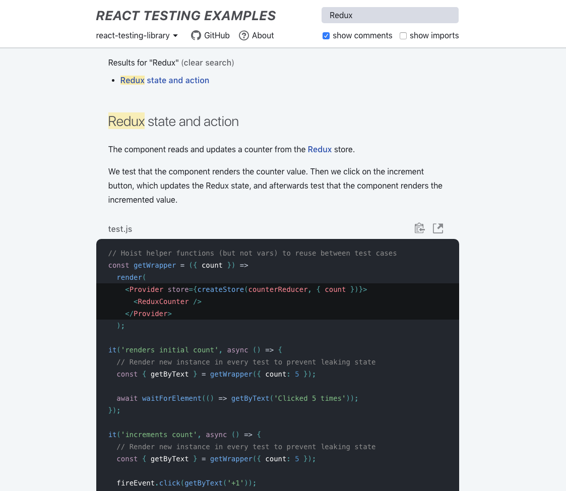 Screenshot of React Testing Examples