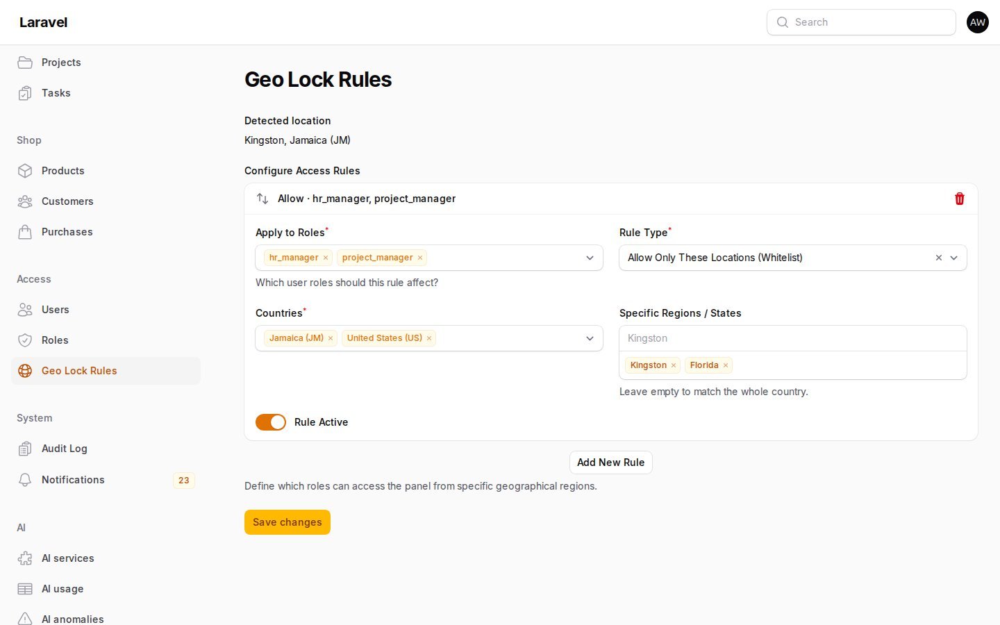 Geo Lock Rules, allowing HR and project managers from Kingston and Florida