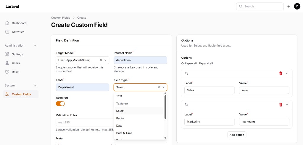 Create a custom field in the Filament Field Manager