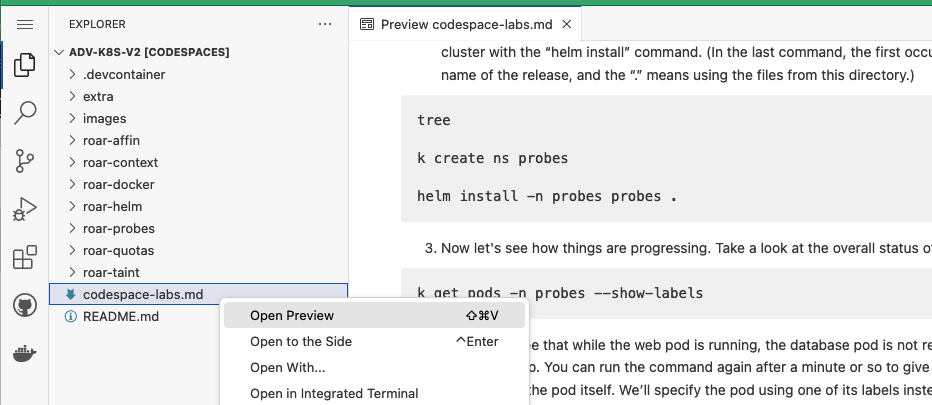 Labs doc preview in codespace