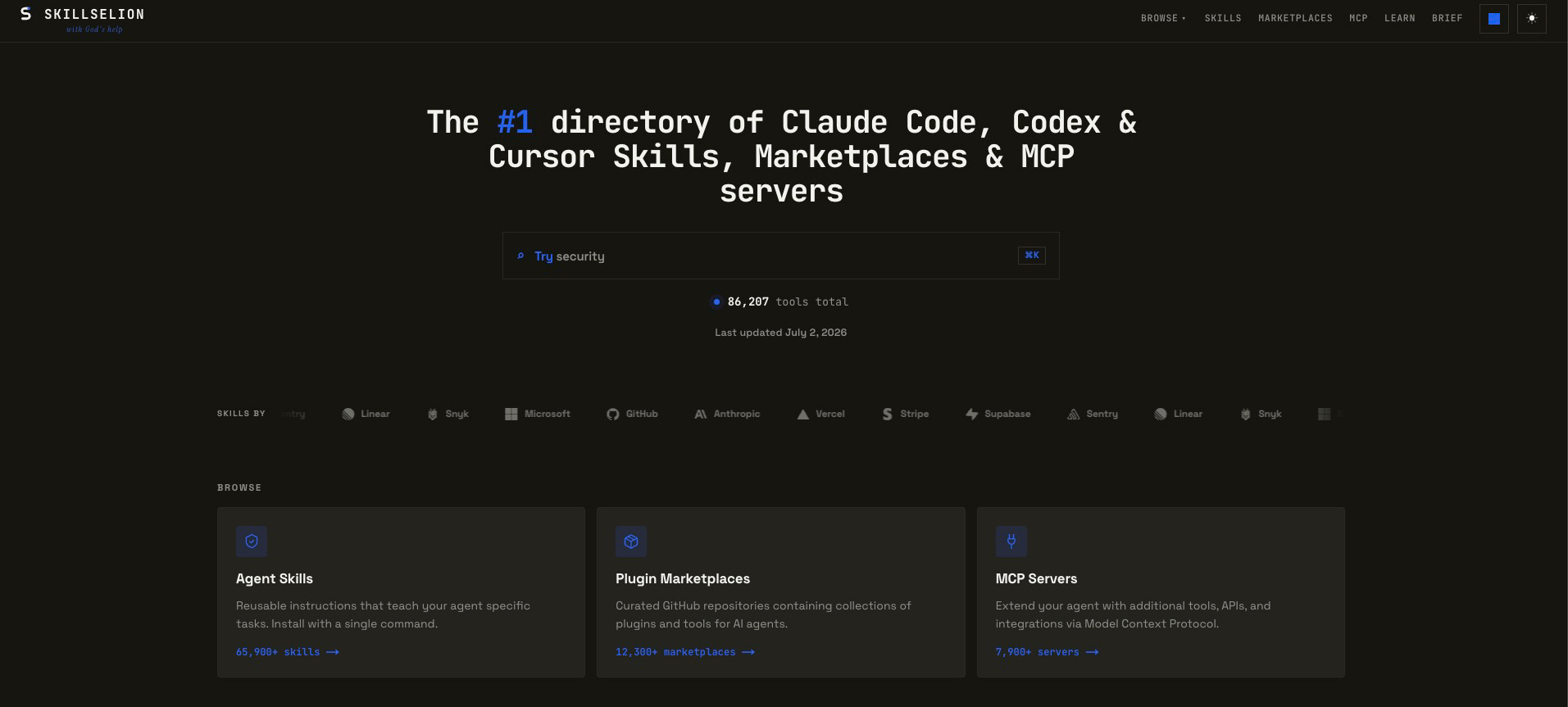 skillselion.com - the #1 directory of Claude Code, Codex & Cursor skills, marketplaces & MCP servers: 86,207 tools total