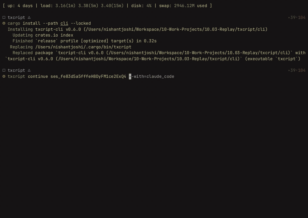An OpenCode session continued in Claude Code using txcript