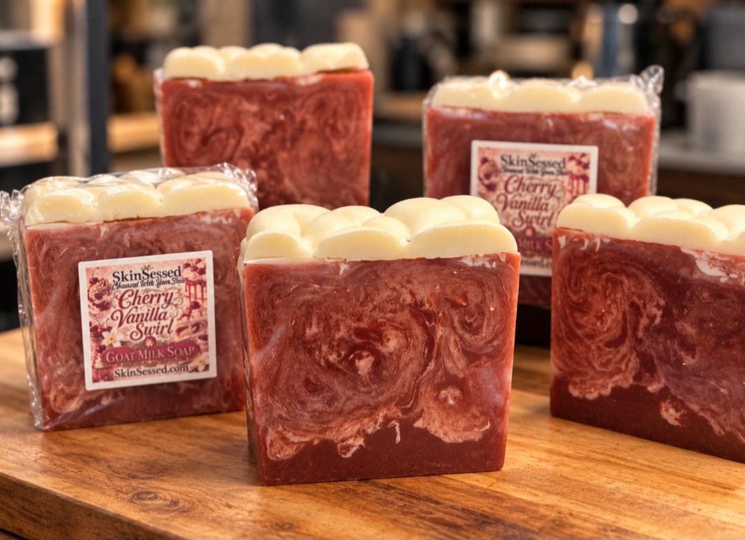 Seven square SkinSessed decorative soaps arranged in tiers with colorful fruit, chocolate and floral-inspired designs