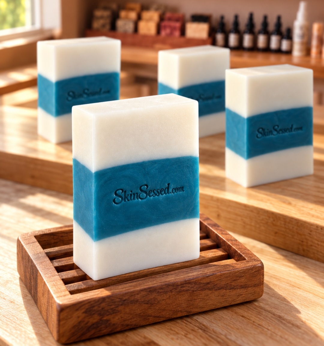 Four SkinSessed goat milk soap bars with deep blue center layers and creamy white upper and lower layers