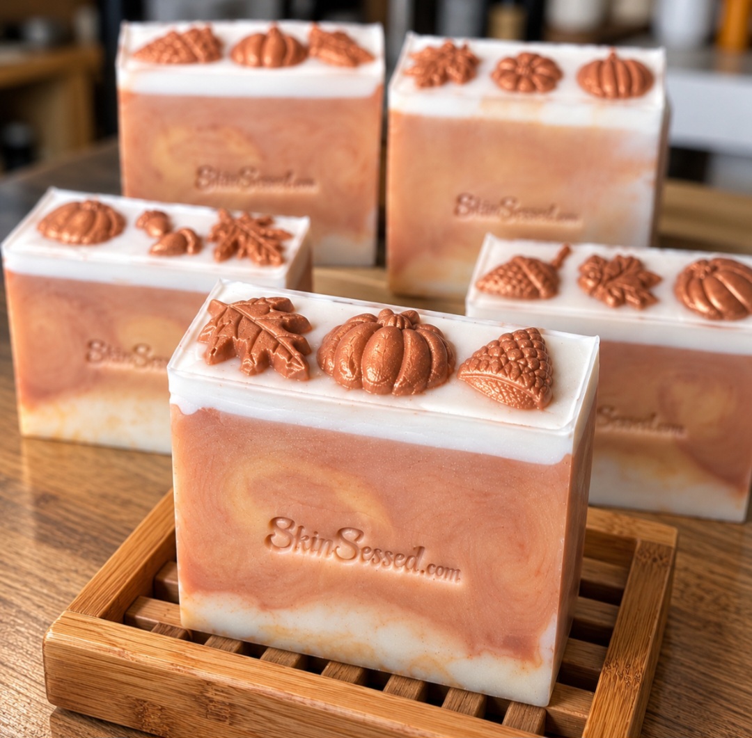Five SkinSessed Oatmeal Milk and Honey goat milk soap bars with warm honey-toned swirls, white tops, and autumn-shaped embeds