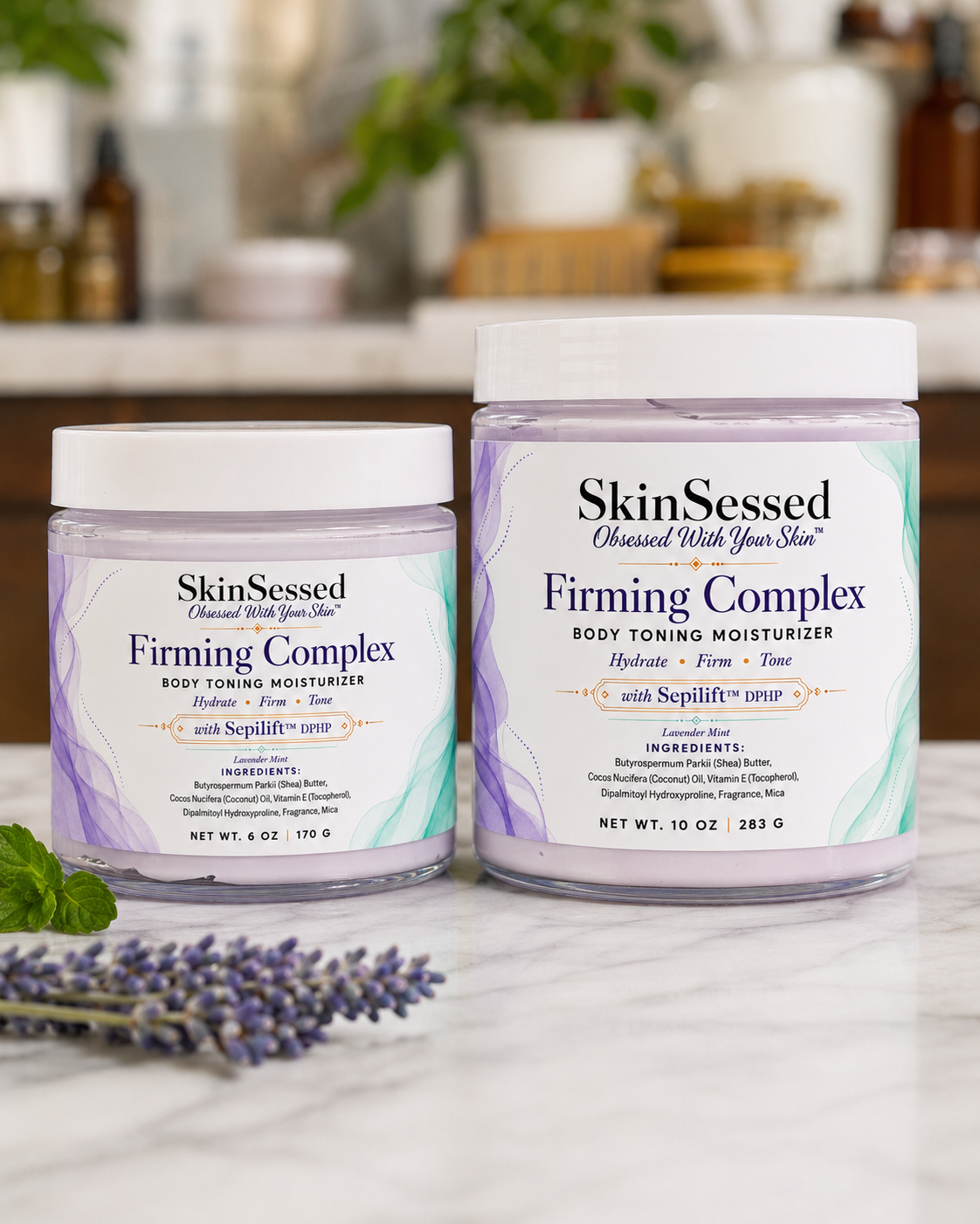 SkinSessed Firming Complex Lavender Mint Body Moisturizer in 6 oz and 10 oz sizes