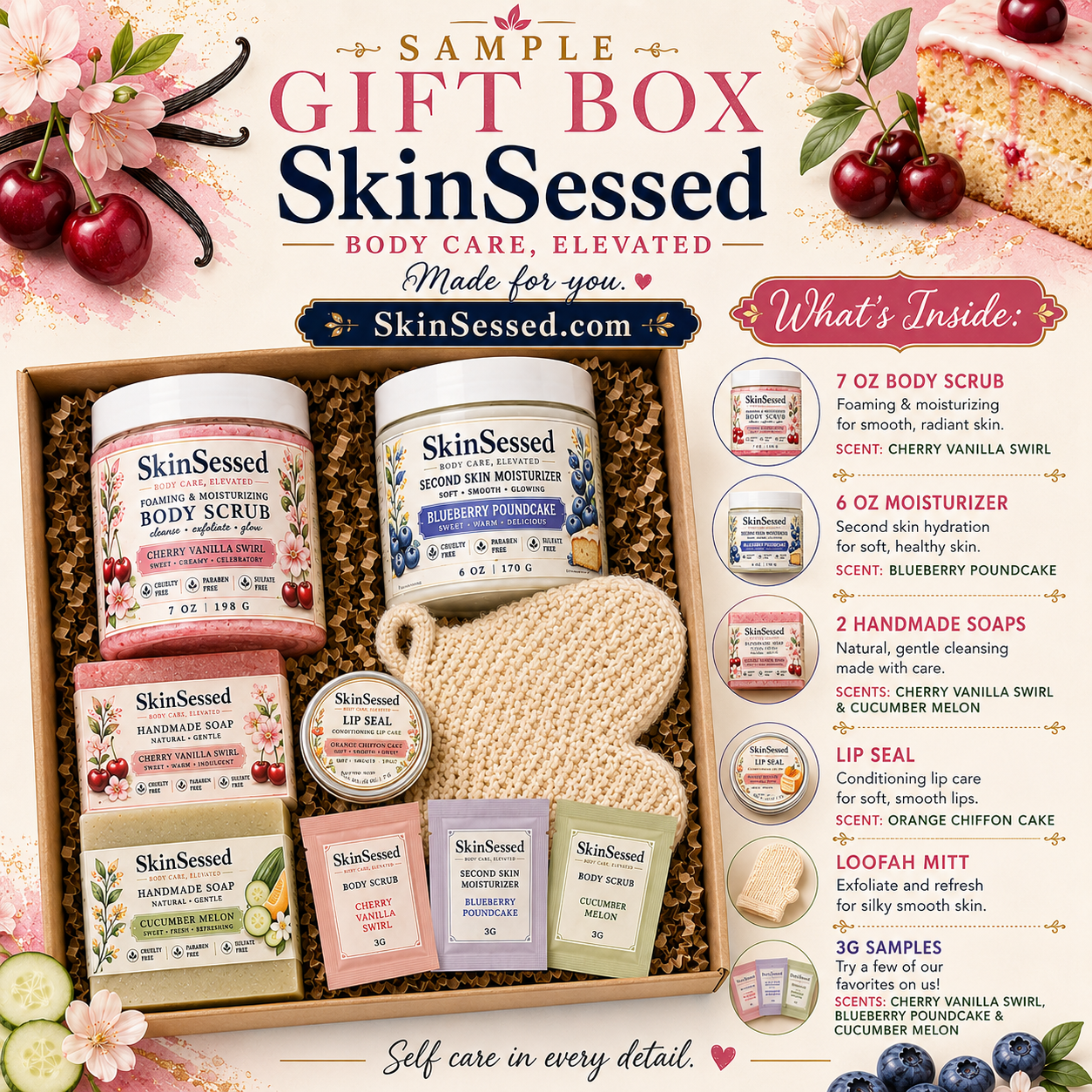 SkinSessed sample gift box with scrub, moisturizer, soaps, Lip Seal, loofah mitt, and samples