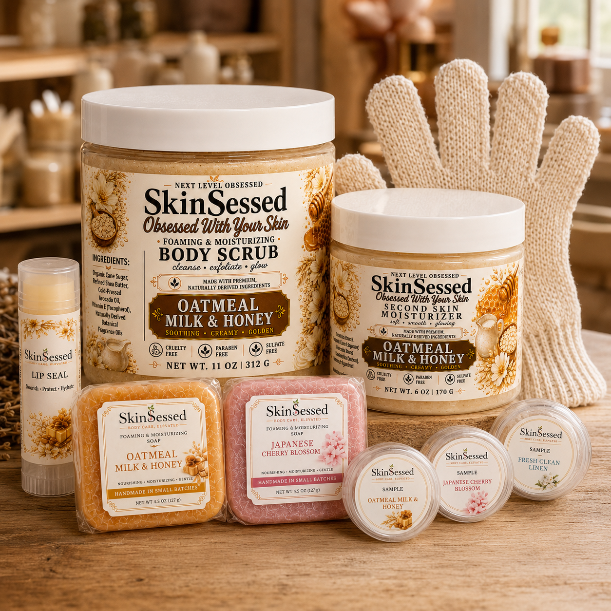 SkinSessed curated body care Gift Set with scrub, moisturizer, Lip Seal, soaps, samples, and exfoliating glove