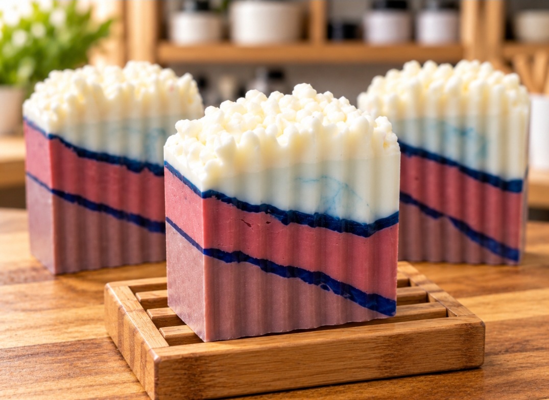 Three SkinSessed soap bars with creamy textured white tops, dusty rose and mauve layers, and narrow dark blue lines