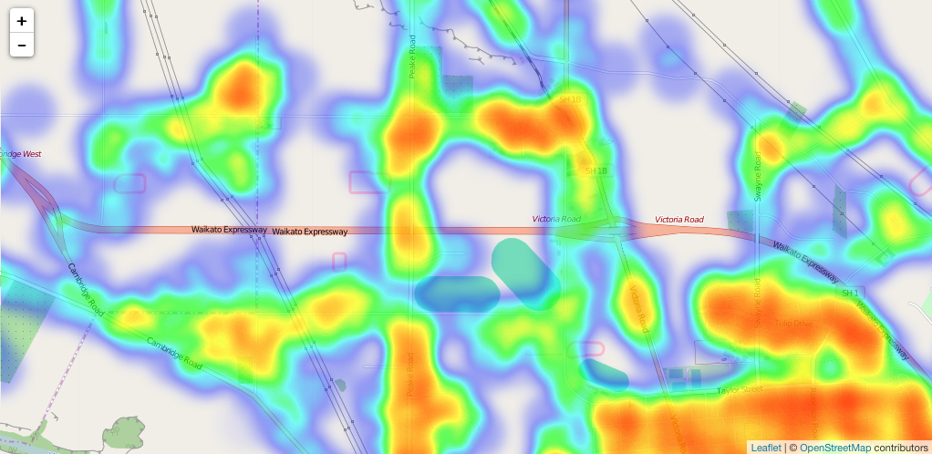 A screenshot of a heatmap on a leaflet map