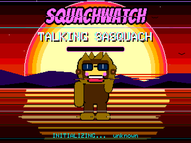SquachWatch booting, Squachy in the VOID EYE costume on the synthwave sunset, a Flock camera detection card, his reaction to it, and a visiting SquachWatch walking on to say hello