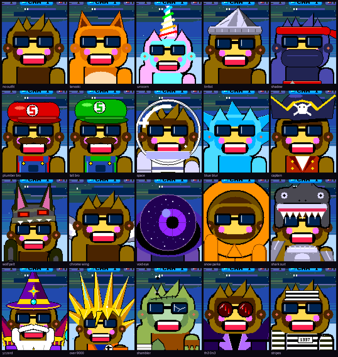 All nineteen of Squachy's outfits, rendered by the firmware