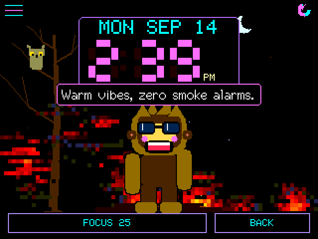 Desk mode: the date and time in big digits over the fire scene with Squachy talking below; a catch appears as a small card; a squad message drops out from behind the clock with the sender's polaroid; the focus timer starts; the LOG shows real times; the time zone card asks once.