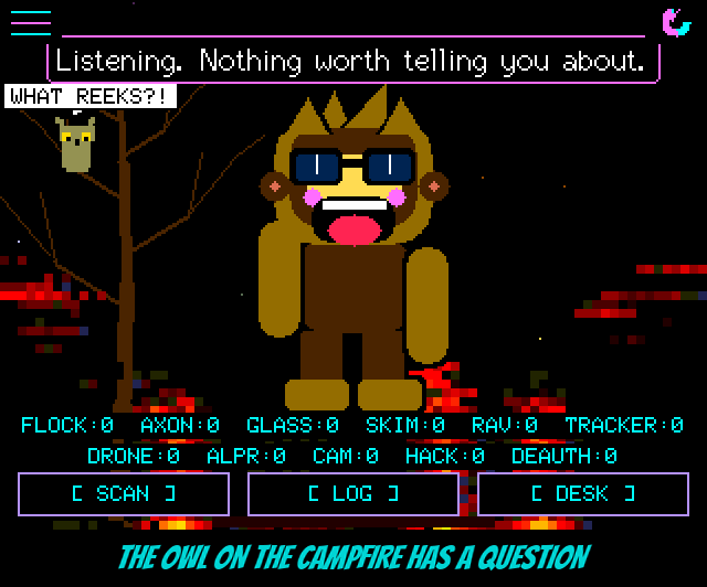 The owl on the campfire background asks WHAT REEKS?!, gets tapped, and Squachy answers that he showered last month. Then Squachy as the SHAMBLER: grey-green, a torn shirt over torn jeans, a bandage, one sneaker, a cracked lens and three flies, on the campfire and then in the aura. Then a visiting Legend walking in wrapped in his own aura, the SQUAD screen with its new SEND button, the main screen with its counters up and no NEARBY, and the aquarium.