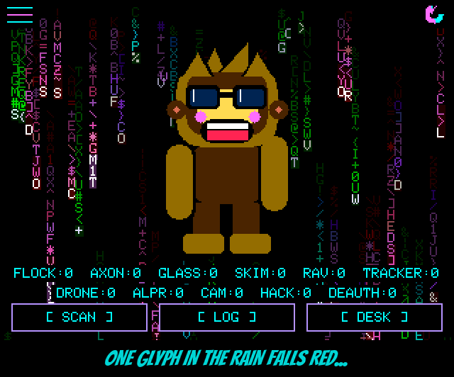 On the digital rain background one glyph falls in red, gets tapped, and Squachy says Whoa, I know kung fu. Then Squachy as TH3 0N3: a near-black violet coat with purple lapels and his shades made round, green code falling inside them. With a Flock camera and an AirTag nearby the code in his lenses turns red. In bullet time a bullet creeps past his head and he ducks under it. A tap on his left lens puts a red pill in it. Picked up, he dangles from the finger bending a spoon. And the payphone screen opens ringing RING RING.