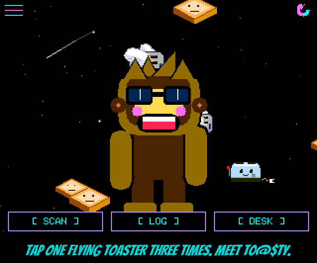 T0@$TY, a small chrome toaster with a face, stands beside Squachy on the flying toasters background. A Flock catch: his lever drops, a pink slice of toast pops out and flies to Squachy's mouth while the toaster says A Flock camera! Stay behind me, Master. He is flung across the screen, bounces off the wall, lands upside down at Squachy's feet and says This is a tactical position, while Squachy jumps and says Nice shot. Terrible aim. C1iPPY is thrown next and says Tip: aim for the recycling. I'm metal. The counter buttons along the top now have black letters with a gap between each on a lighter blue. Last, the StickS3 screen shows the counters in three rows of two.