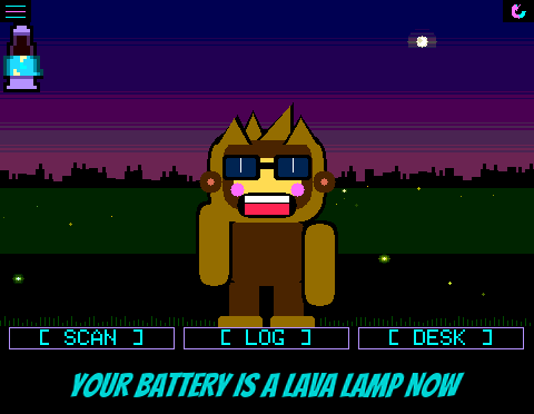On the 3.5 inch screen, a small lava lamp with a purple cap sits under the menu button, half full of glowing lava with blobs drifting in it, while Squachy stands in a night forest. Plugged in, bubbles race up through the lava and the cap and base scroll through the rainbow. Nearly flat, the lamp holds a thin layer of lava that flickers. The SquachMesh warning opens as a big Windows 95 window titled THIS MAKES YOU TRACKABLE, and the alert screen shows IGNORE in bold. A unicorn-horned visitor named YETI stands beside Squachy at the new, bigger size. Squachy walks to the right edge and C1iPPY the paperclip hops across in front of him to his other side. Last, C1iPPY is thrown, lands, and says Attached to nothing now. Thanks for that. in a small bold balloon.