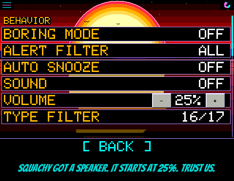 On the 3.5 inch screen, the Settings list shows new SOUND and VOLUME rows, VOLUME at 25 percent between a minus and a plus button. Squachy is thrown across a night forest and lands, and a judge's line says Ten. From the judges? Four. C1iPPY the paperclip is thrown and lands beside him. T0@$TY the toaster pops a slice of golden toast. A unicorn-horned visitor named YETI walks in on a synthwave sunset and high-fives Squachy. The lava lamp battery gauge scrolls through the rainbow on the cable. The APPEARANCE page shows BRIGHT at 100 percent between a minus and a plus button. Last, a window over Squachy says POWER OFF, KEEP HOLDING BOOT.