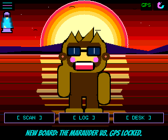 On a 2.8 inch screen, Squachy stands in front of a synthwave sunset with a small GPS badge lit at the top and a lava lamp battery gauge in the top left corner. The DIAGNOSTICS page lists GPS satellites, a fix, and a WARDRIVE line reading ON, 42 written, with the WiGLE file's name below. Then a small grey yeti dances the disco next to Squachy in a night forest, then flosses. Last, the yeti is thrown, lands face down at Squachy's feet saying OOF, Squachy yells Hey! Watch the feet., and the yeti gets up and stomps off saying NOT TOY.