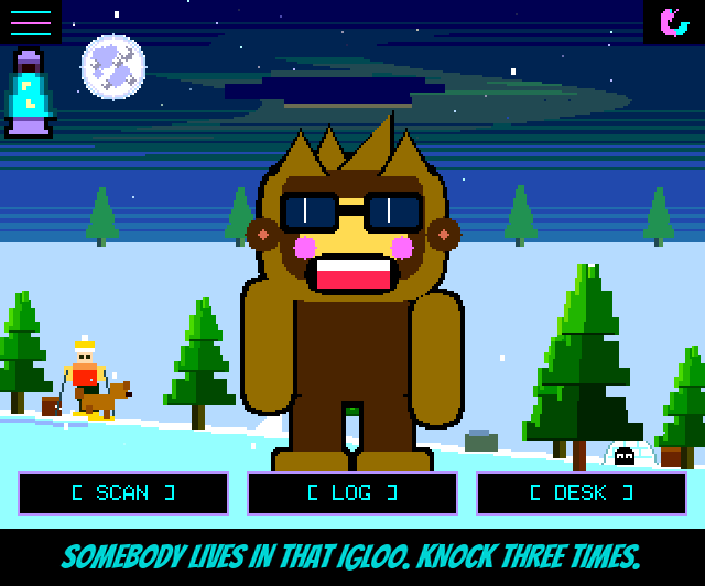 Squachy on the snowy SNOWFALL background with a small igloo crossing the slope behind him. Then a round, rust-brown meatball with a lumpy edge, two stray hairs and a sleepy face sits beside Squachy. He eats a catch on a night city background, stretches into a hot dog saying Look! A hot dog!, gets thrown and splits into three little meatballs saying Everybody roll back! Meet in the middle!, and finally turns into an igloo saying I'm a igloo now. Nobody's home.