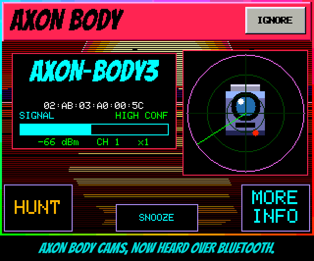 An alert for an Axon body camera, then one for a gunshot sensor. M3@ty on the snow with two stubby arms doing a jerky dance, then waving while he talks. The FONTS settings page with sliders and a preview box, then Squachy saying a line in a much bigger speech bubble under the detection tiles.