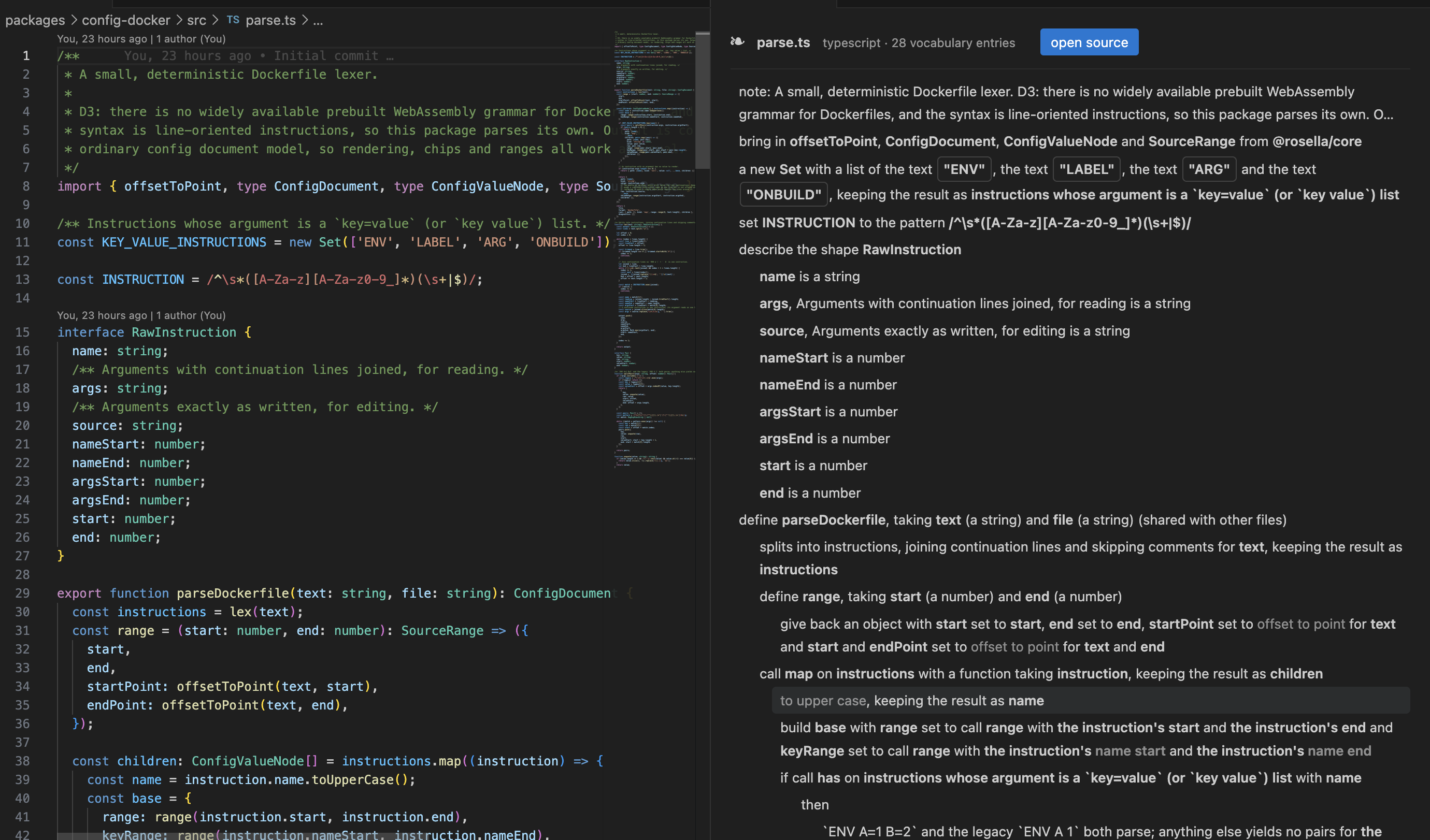 Read mode: parse.ts beside a panel of sentences