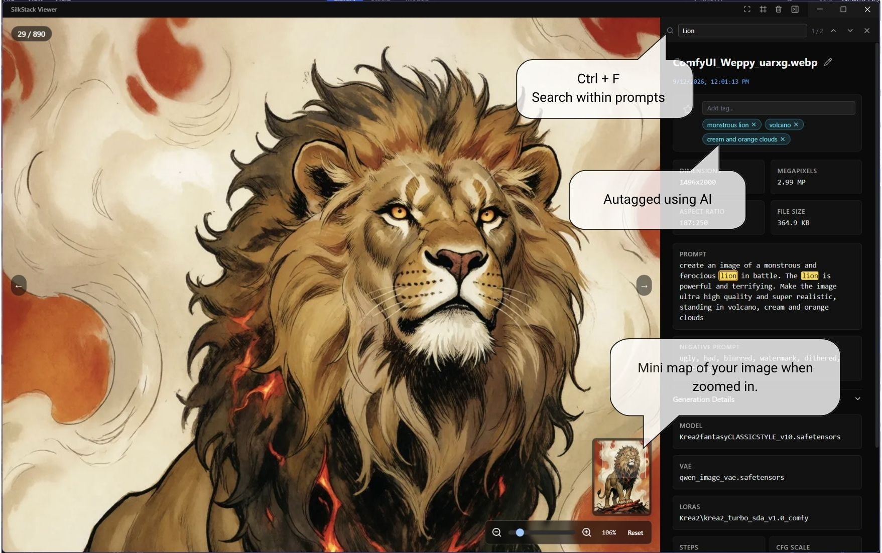 Image viewer with in-prompt search and minimap