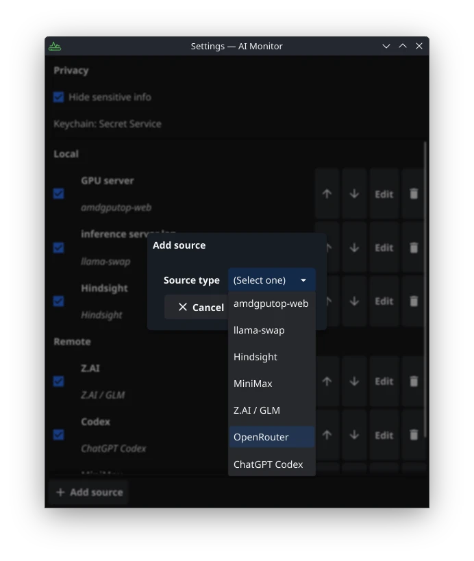 Add source dialog in the settings window