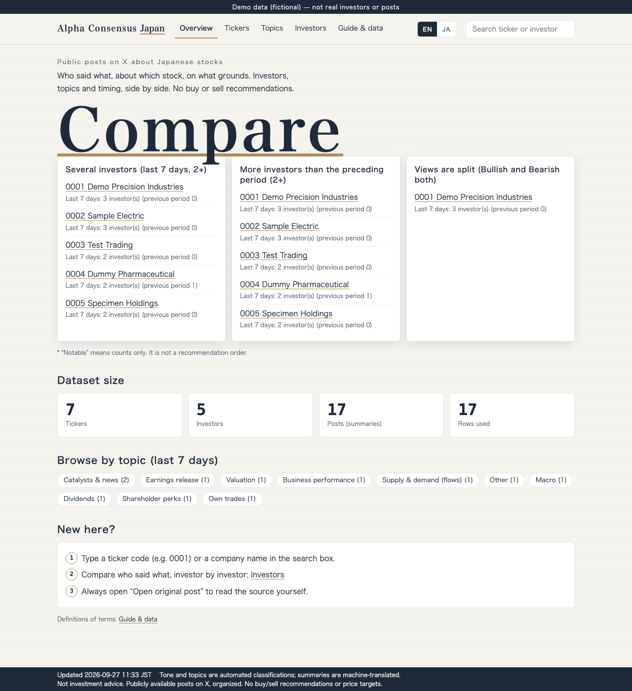 Overview — highlights, dataset size, topics, search, and language switch