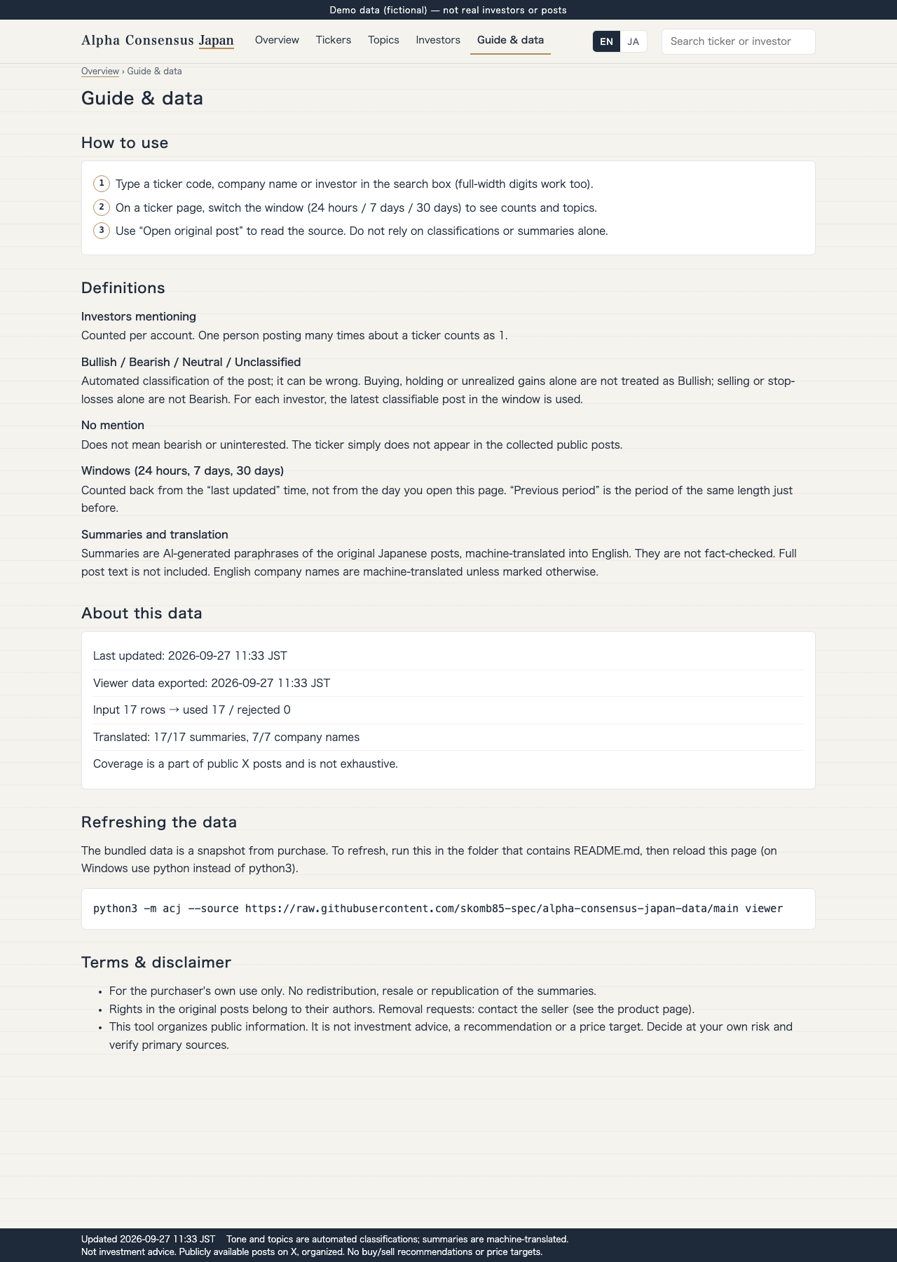 Guide and data — definitions, freshness, coverage, refresh, and disclaimer