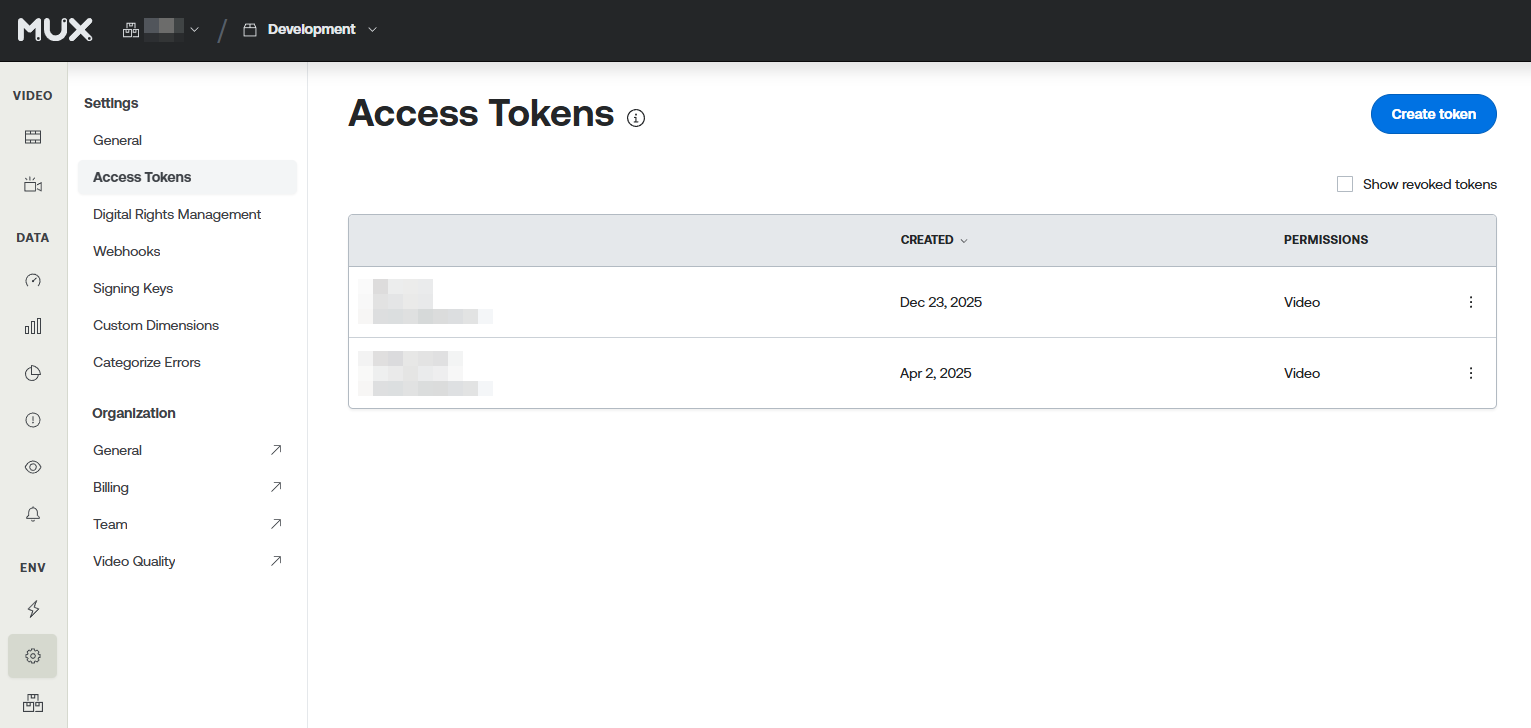 Mux settings page containing API credentials