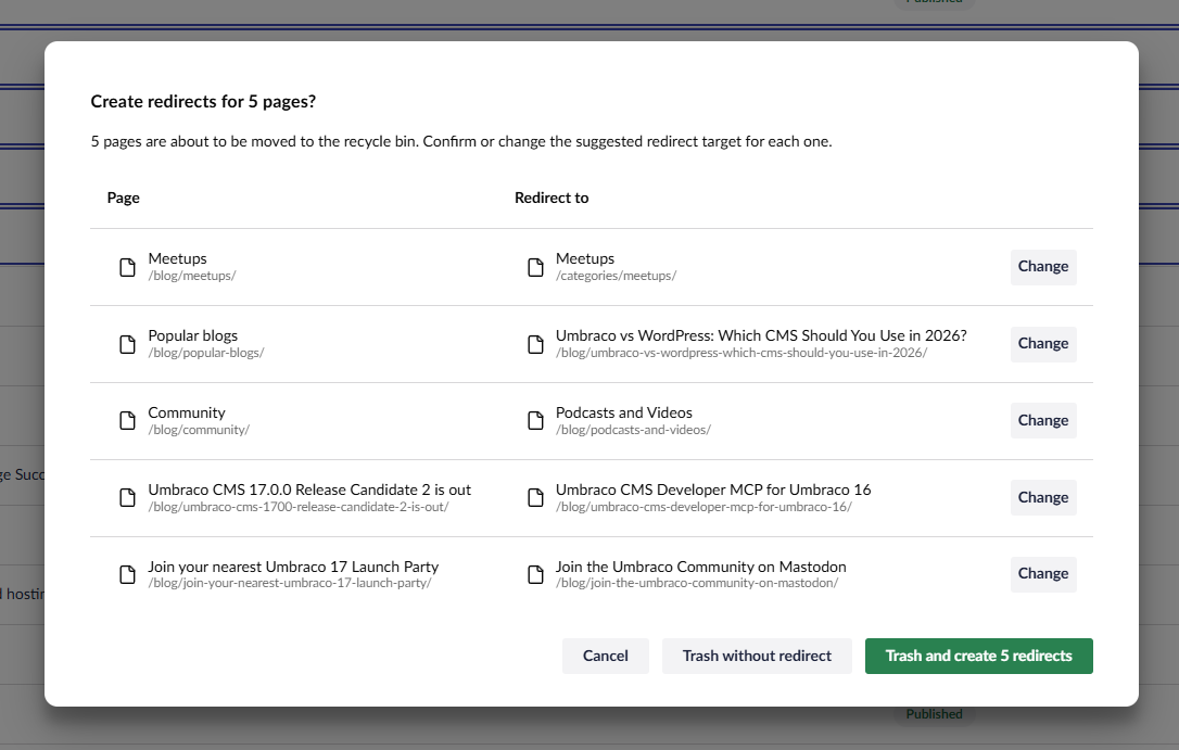 Bulk trash with suggested redirects