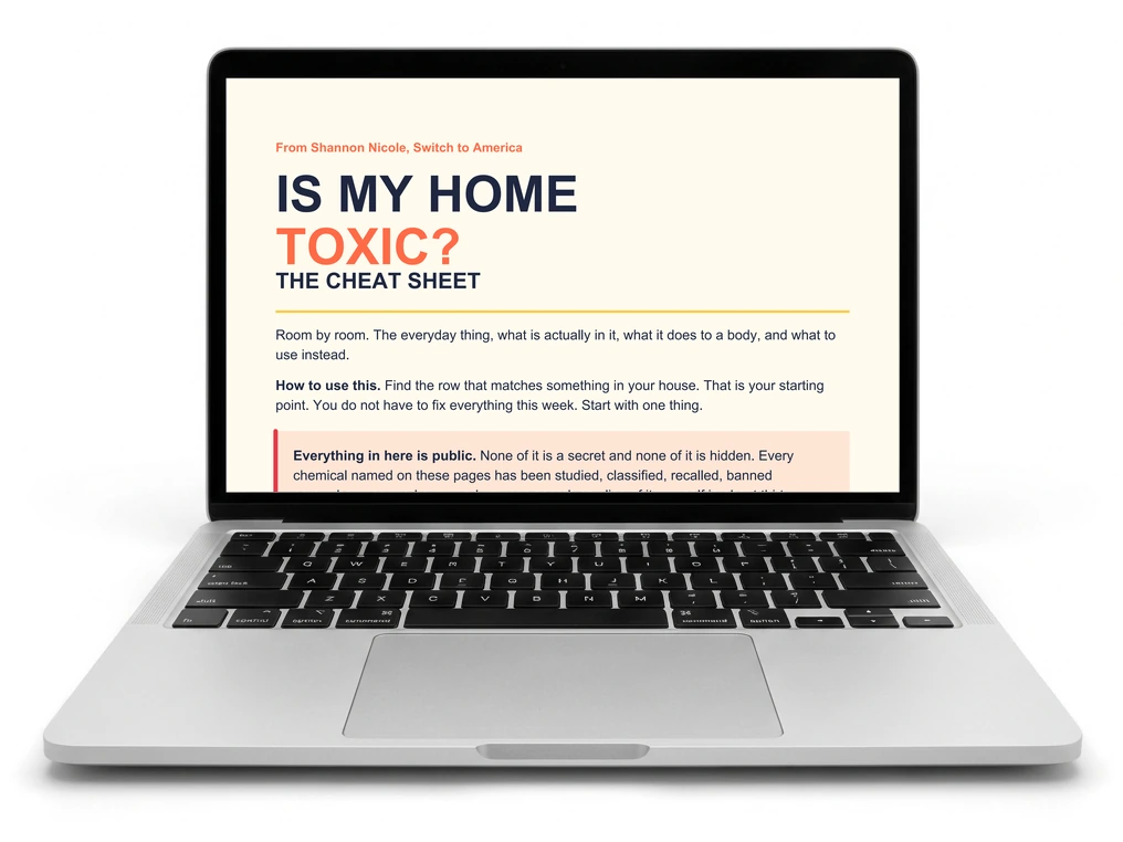 The Is My Home Toxic cheat sheet open on a laptop