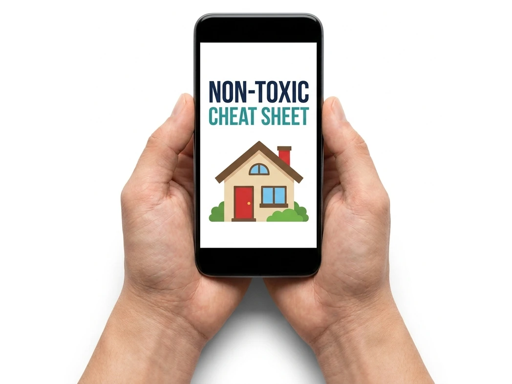 Two hands holding a phone with the Is My Home Toxic cheat sheet on screen