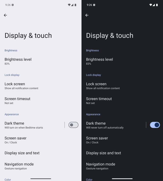 The same Android settings screen in light mode, then in dark mode after the agent switched it, captured from an emulator in the seat