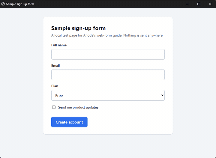 An agent filling in a sample sign-up form field by field and submitting it, inside Anode's seat